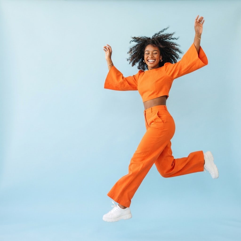 Joyful model in a bold orange outfit mid-motion against a pale blue backdrop