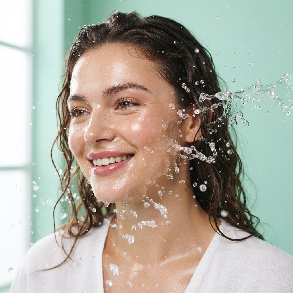 Model with dewy skin against a mint-green backdrop