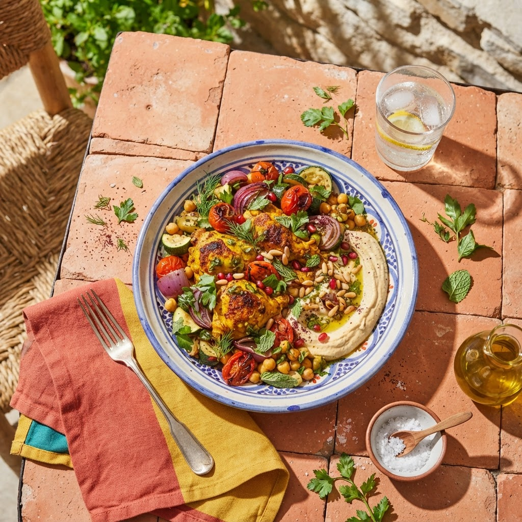 Colorful plated dish on a sunlit terracotta table