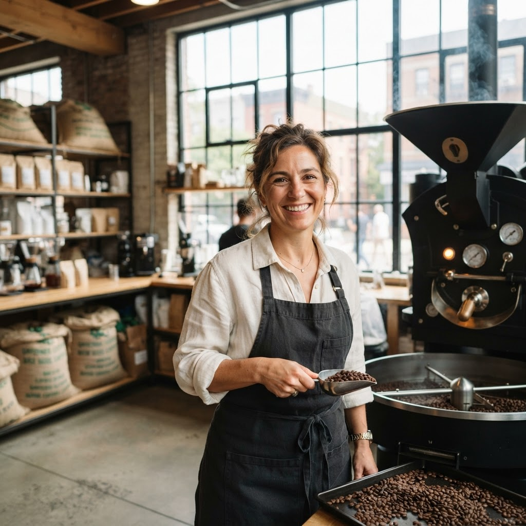 Smiling coffee roaster in a sunlit roastery