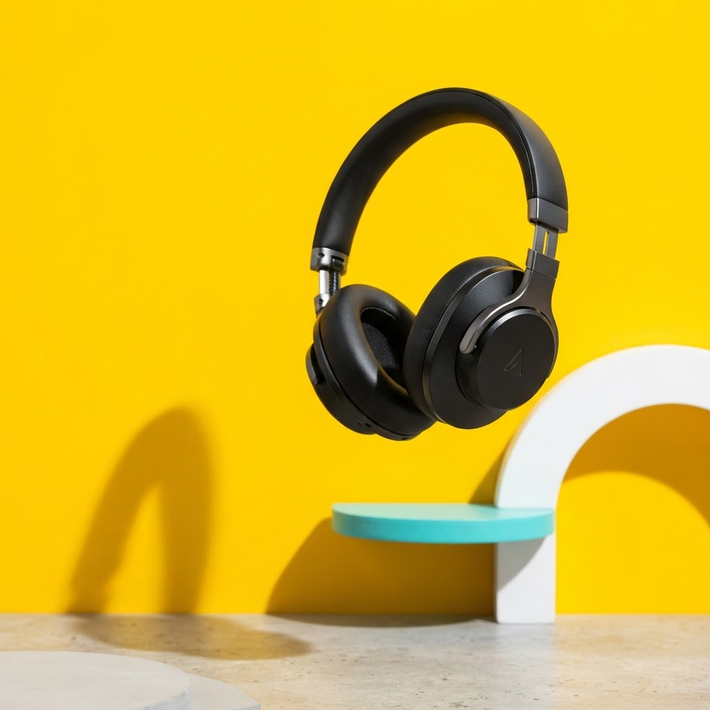 Headphones floating against a bold yellow backdrop